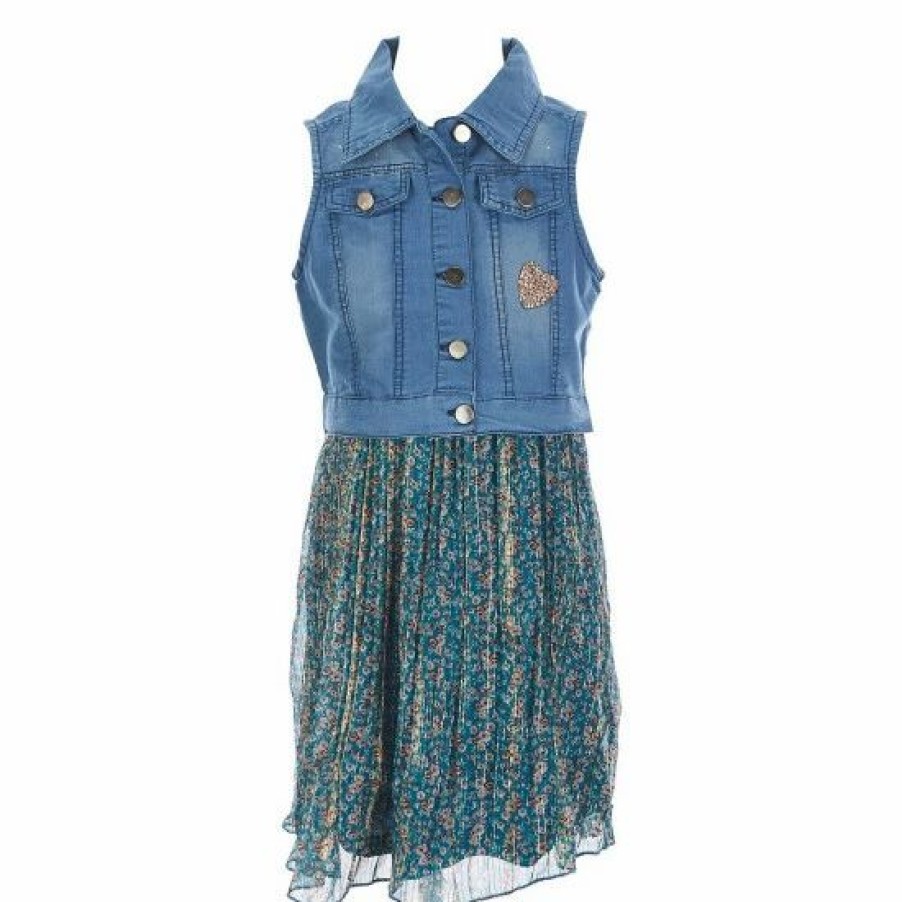 Kids * | Cheapest Rare Editions Big Girls 7-16 Denim Vest & Ditsy Print Pleated Chiffon Dress Set Teal