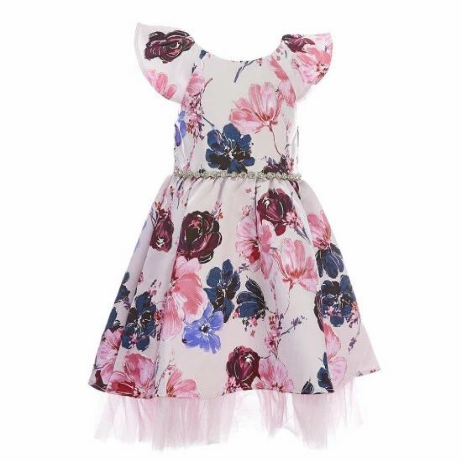 Kids * | Promo Rare Editions Little Girls 2T-6X Flutter-Sleeve Foiled-Floral Mikado Fit-And-Flare Dress Mauve