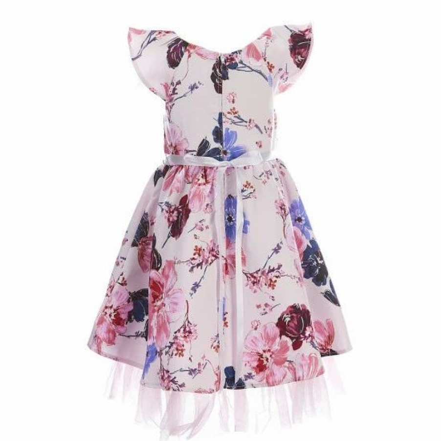 Kids * | Promo Rare Editions Little Girls 2T-6X Flutter-Sleeve Foiled-Floral Mikado Fit-And-Flare Dress Mauve