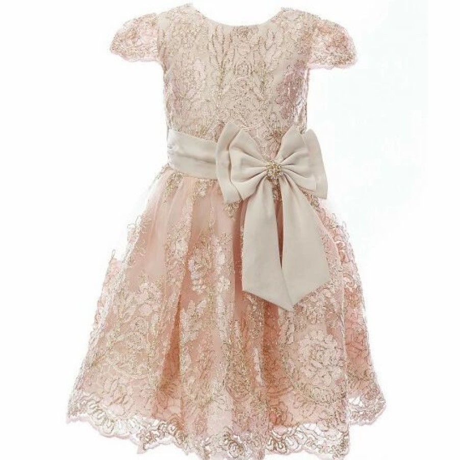 Kids * | Buy Rare Editions Little Girls 2T-6X Satin-Bow Embroidered-Floral-Lace Fit-And-Flare Dress Taupe/Gold/Light Rose