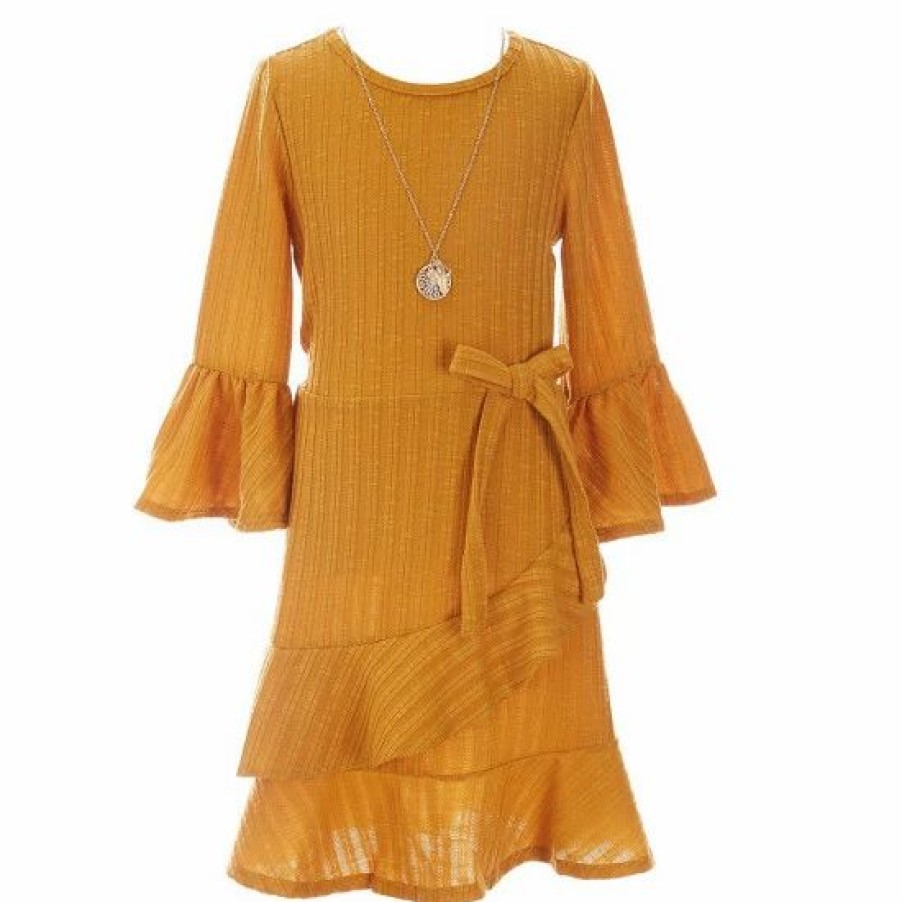 Kids * | Best Pirce Rare Editions Big Girls 7-16 Bell-Sleeve Faux-Wrap Textured-Rib-Knit Dress Mustard