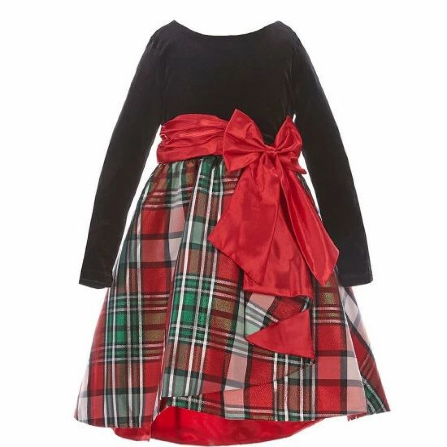 Kids * | Top 10 Rare Editions Little Girls 4-6X Velvet Metallic-Plaid High-Low-Hem Dress Black