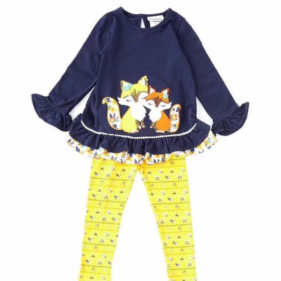 Kids * | Outlet Rare Editions Little Girls 2T-6X Long-Sleeve Fox-Applique Tunic Top & Printed Leggings 2-Piece Set Navy