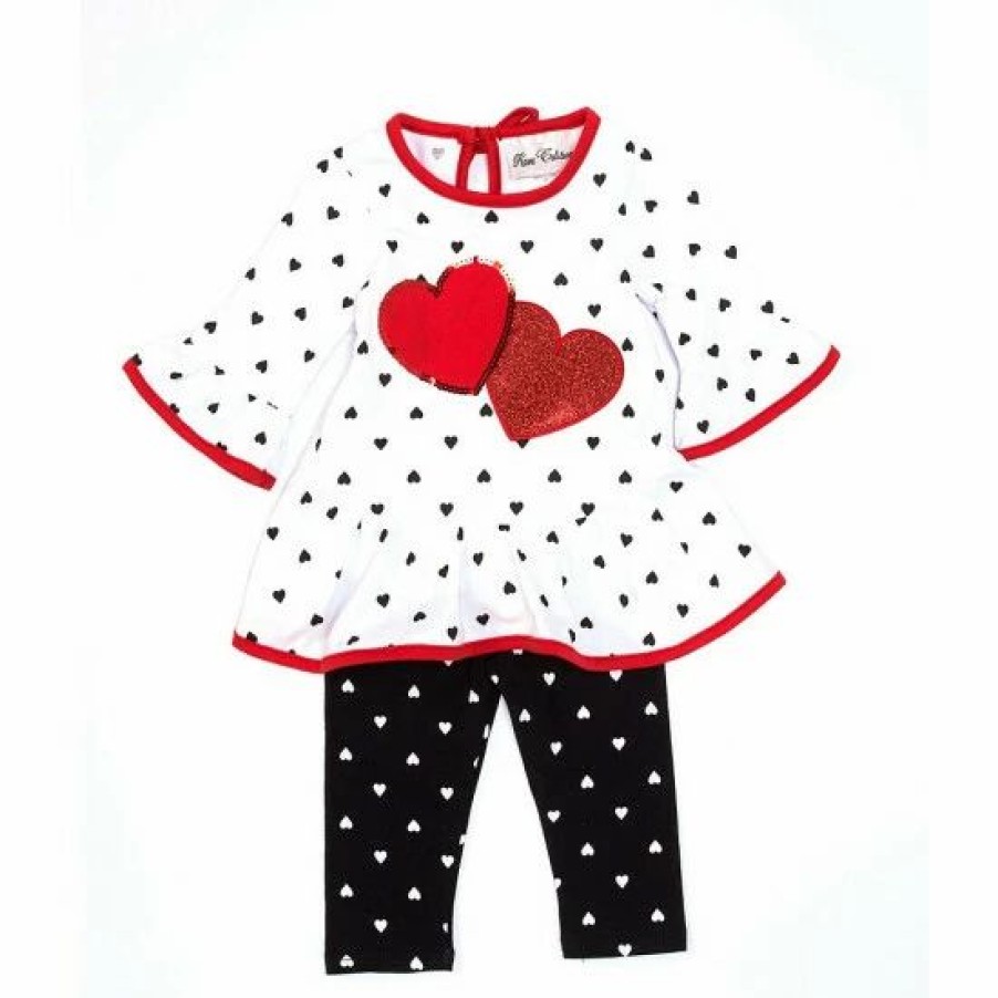 Kids * | Best Pirce Rare Editions Baby Girls 3-24 Months Heart Print Ruffle Quarter Sleeve Top & Dot Legging Set White