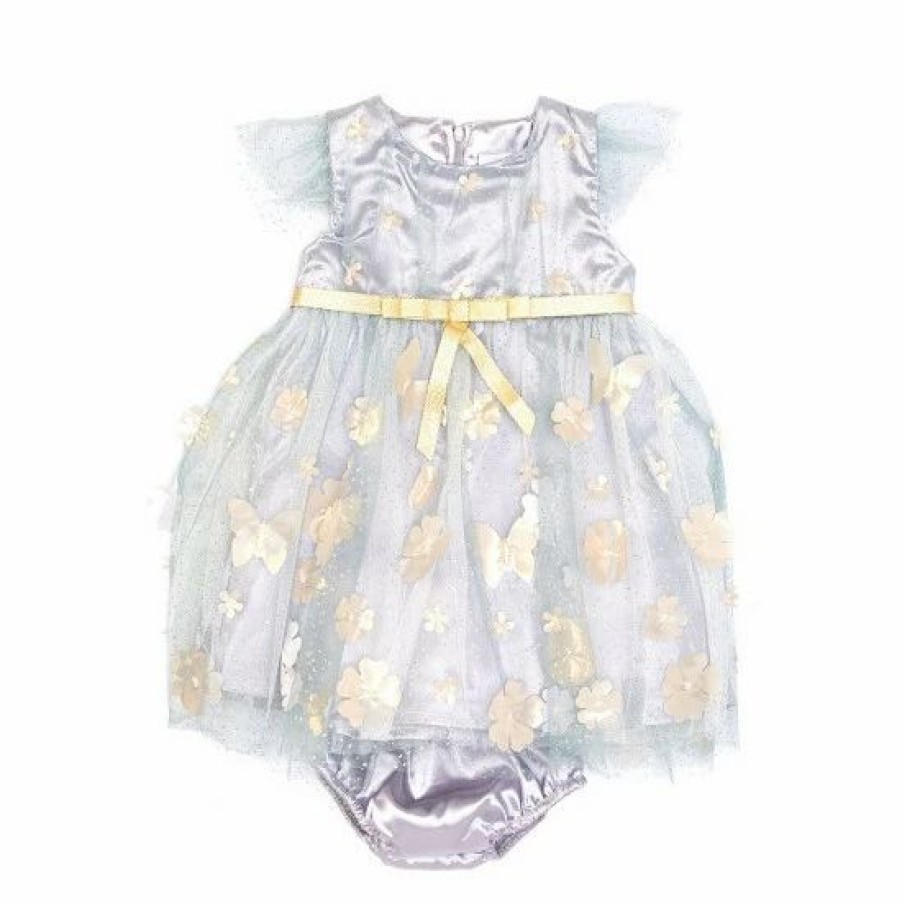 Kids * | Brand New Rare Editions Baby Girls 3-24 Months Glitter Mesh Flower Applique Fit & Flare Dress Light Blue