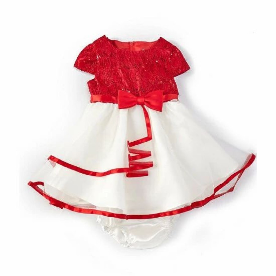 Kids * | Promo Rare Editions Baby Girls 3-24 Months Christmas Glitter-Accented-Lace Bodice & Sheer-Overlay-Skirted Fit-And-Flare Dress Red