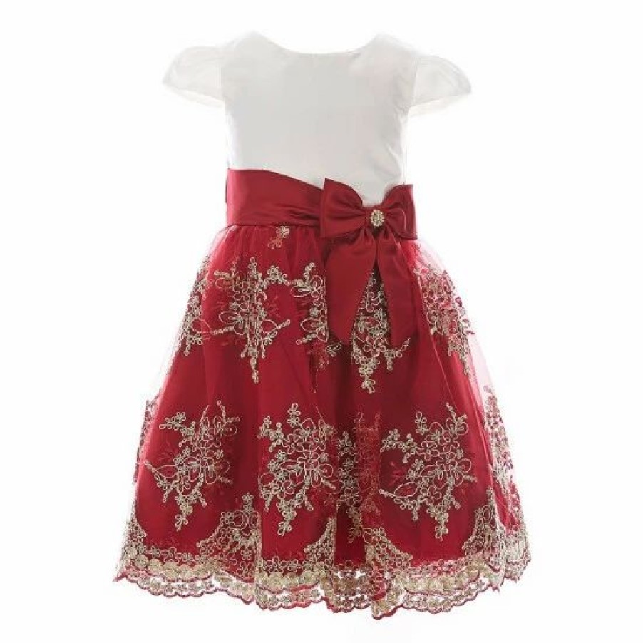 Kids * | Promo Rare Editions Little Girls 2T-4T Cap Sleeve Satin Bodice Embroidered Skirt Holiday Dress Burgundy