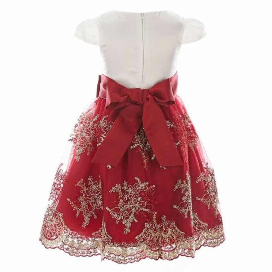 Kids * | Promo Rare Editions Little Girls 2T-4T Cap Sleeve Satin Bodice Embroidered Skirt Holiday Dress Burgundy