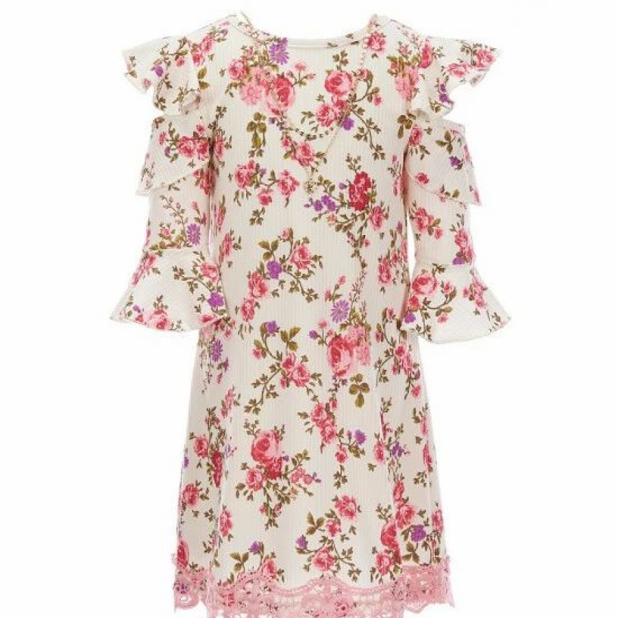 Kids * | Wholesale Rare Editions Little Girls 4-6X Bell-Sleeve Floral Rib-Knit Shift Dress Ivory