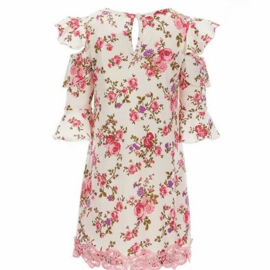 Kids * | Wholesale Rare Editions Little Girls 4-6X Bell-Sleeve Floral Rib-Knit Shift Dress Ivory