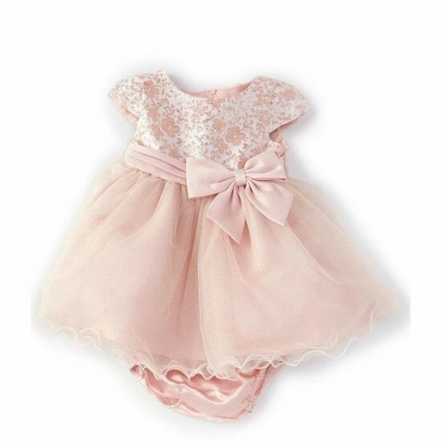 Kids * | Best Deal Rare Editions Baby Girls 3-24 Months Cap Sleeve Brocade Bow Front Wire Hem Dress Blush