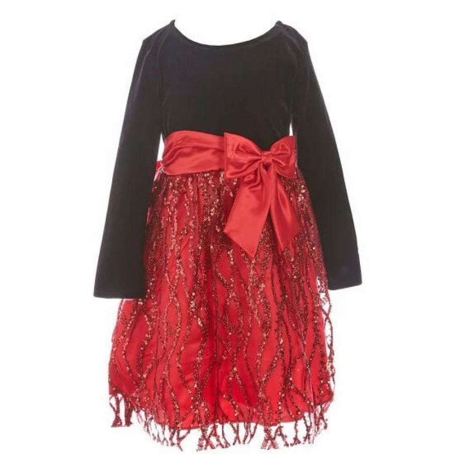 Kids * | Cheap Rare Editions Little Girls 2T-6X Long-Sleeve Velvet-Bodice To Glitter-Accented-Mesh Skirted Ballgown Red