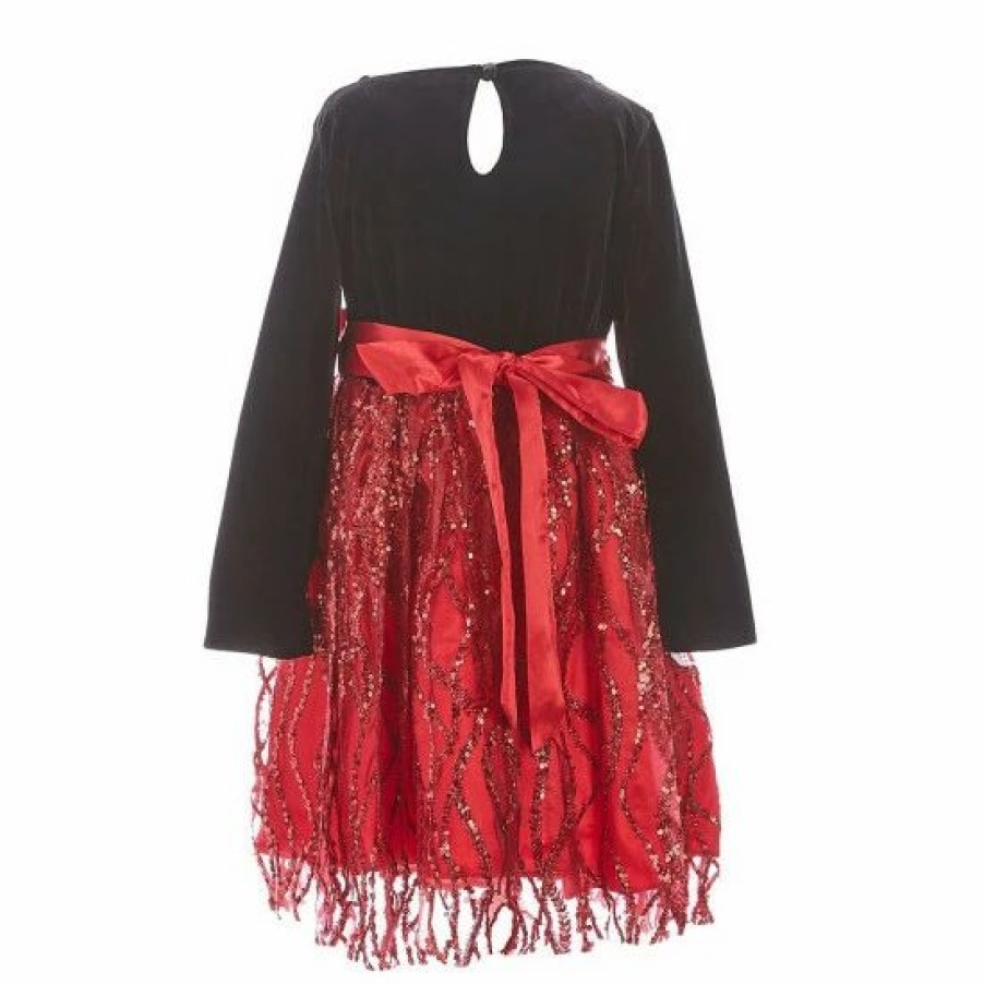 Kids * | Cheap Rare Editions Little Girls 2T-6X Long-Sleeve Velvet-Bodice To Glitter-Accented-Mesh Skirted Ballgown Red