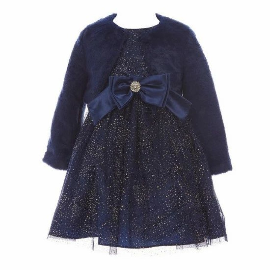 Kids * | Buy Rare Editions Little Girls 2T-6X Foil Mesh With Satin Bow Dress & Solid Fur Jacket 2-Piece Set Navy