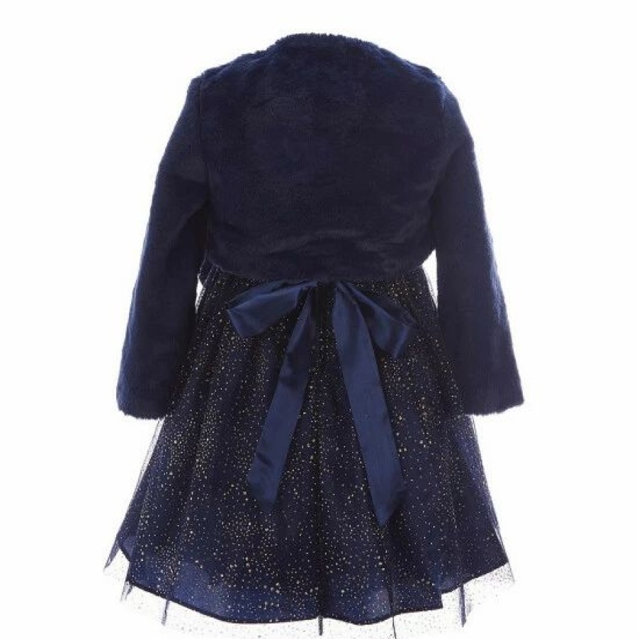 Kids * | Buy Rare Editions Little Girls 2T-6X Foil Mesh With Satin Bow Dress & Solid Fur Jacket 2-Piece Set Navy