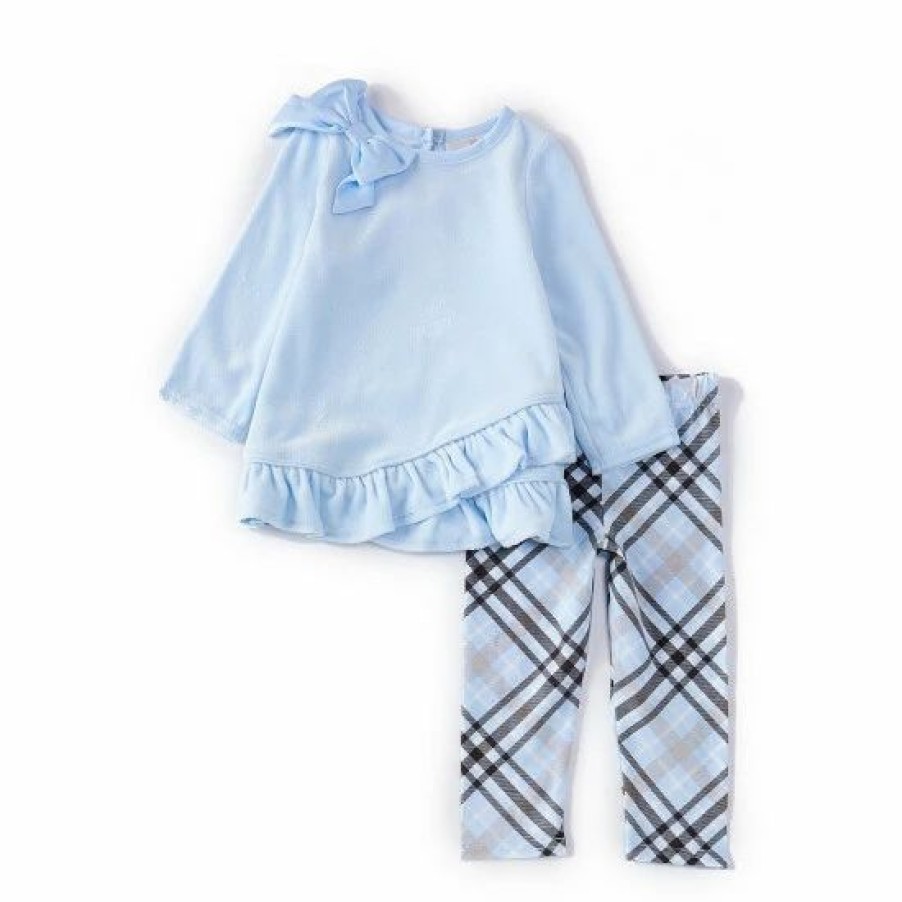 Kids * | Coupon Rare Editions Baby Girls 12-24 Months Long-Sleeve Solid Velour Ruffle Hem Top & Plaid Printed Leggings Set Blue