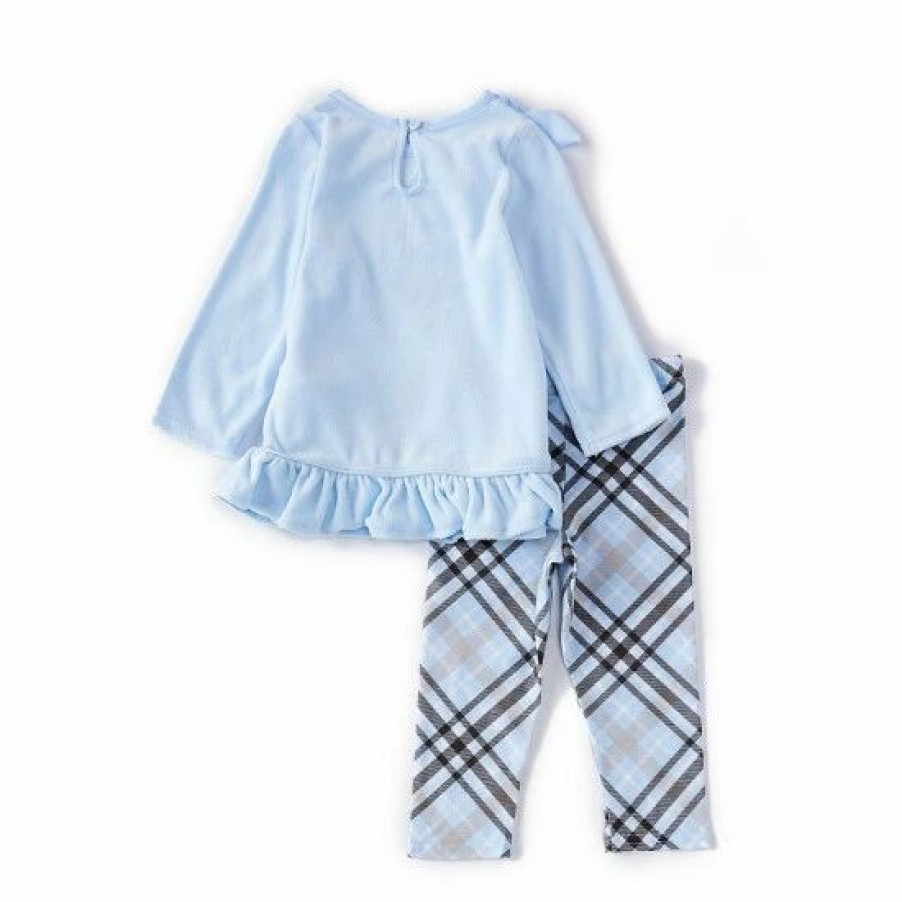 Kids * | Coupon Rare Editions Baby Girls 12-24 Months Long-Sleeve Solid Velour Ruffle Hem Top & Plaid Printed Leggings Set Blue