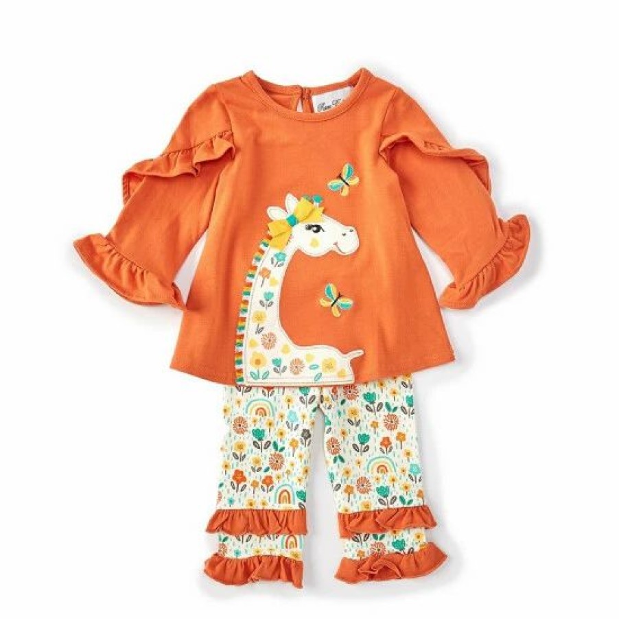 Kids * | Top 10 Rare Editions Baby Girls 3-24 Months Long-Sleeve Giraffe-Applique Tee & Printed Leggings Set Orange