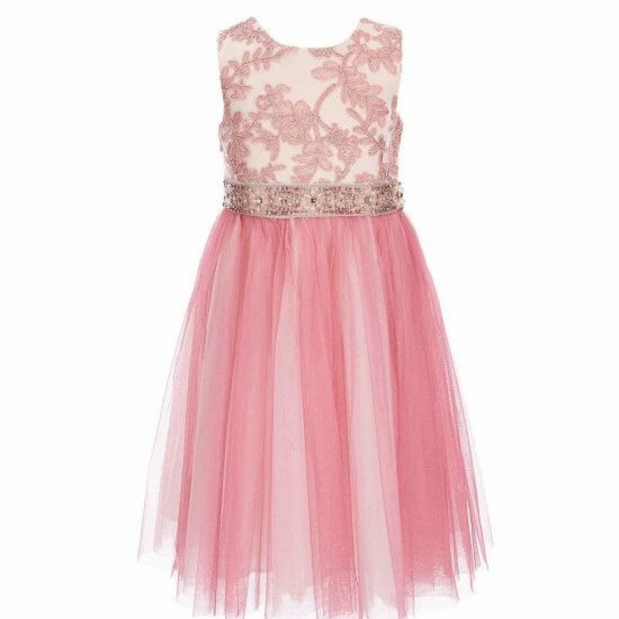 Kids * | Hot Sale Rare Editions Little Girls 2T-6X Sleeveless Floral Embroidered Mesh Beaded Waist Two-Tone Tulle Skirt Party Dress Pink