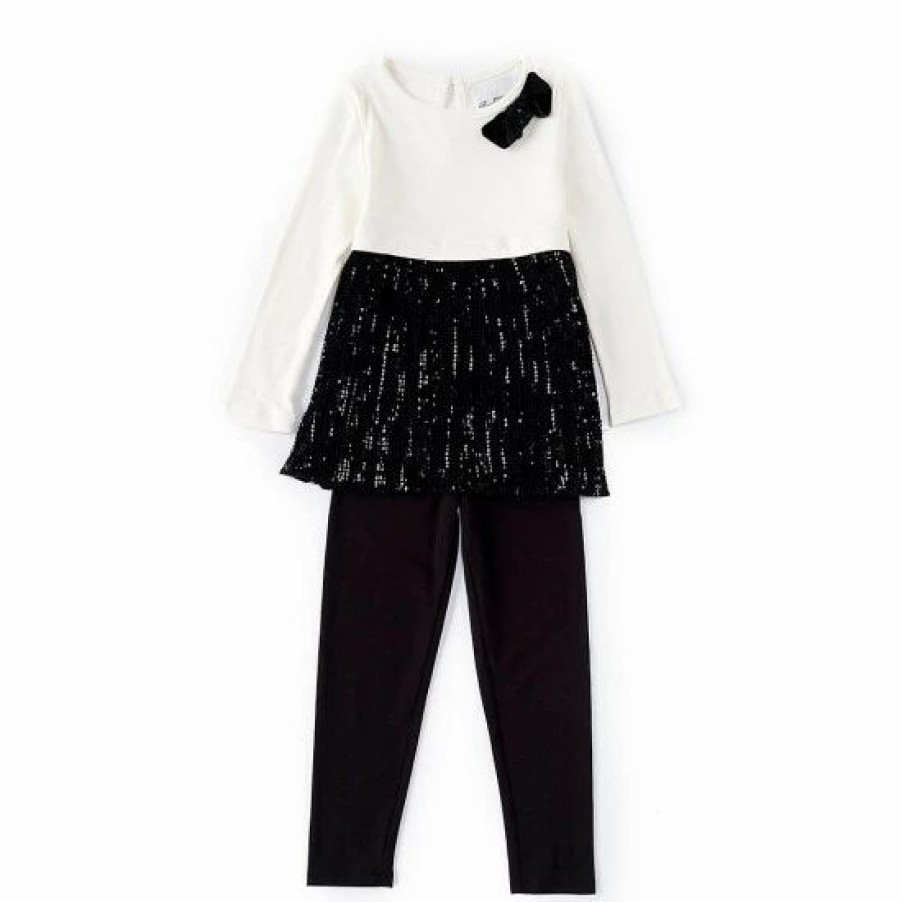 Kids * | Best Reviews Of Rare Editions Little Girls 2T-6X Solid Knit Sequined Mesh Skirt Top & Solid Leggings 2-Piece Set Black