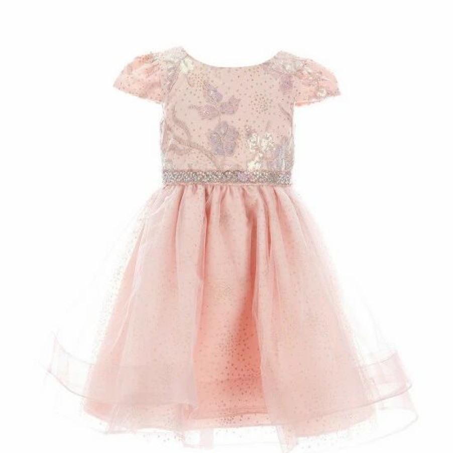 Kids * | Cheap Rare Editions Little Girls 2T-6X Glitter Sequin-Embellished Embroidered Bodice Mesh-Skirted Fit-And-Flare Dress Blush