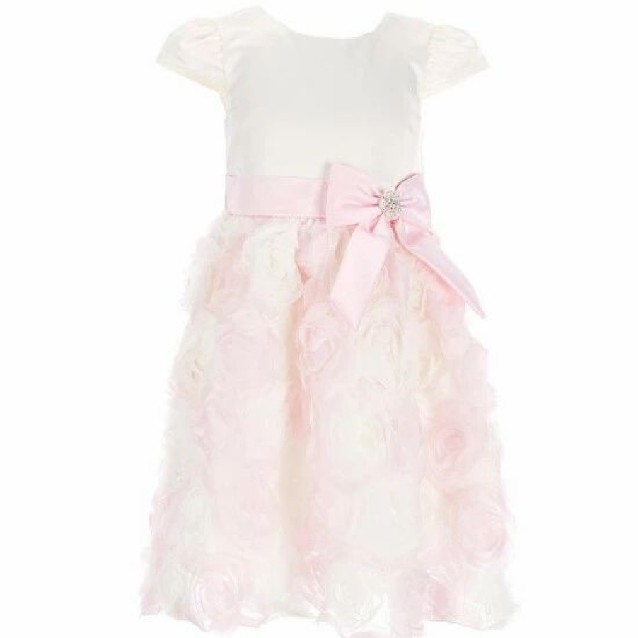 Kids * | Wholesale Rare Editions Little Girls 2T-6X Cap Sleeve Solid Satin Bodice To Soutache-Embroidered Skirt Fit-And-Flare Dress Pink/Ivory