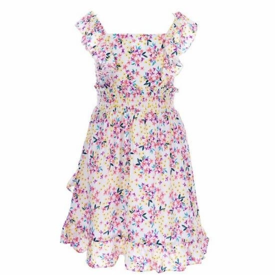 Kids * | Discount Rare Editions Little Girls 4-6X Sleeveless Square Neck Floral Ruffle Dress Ivory