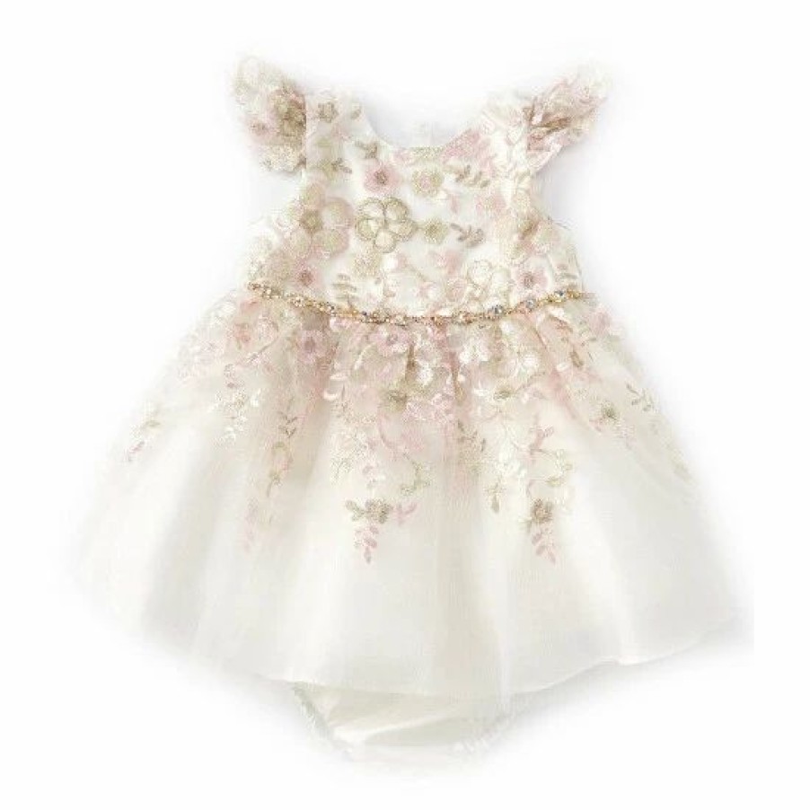 Kids * | Top 10 Rare Editions Baby Girls 3-24 Months Flutter-Sleeve Floral Embroidered Mesh Fit-And-Flare Dress & Panty Pink/Ivory