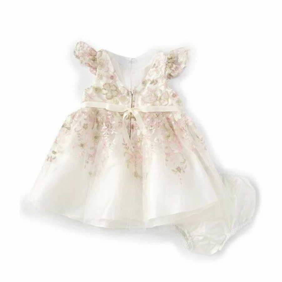 Kids * | Top 10 Rare Editions Baby Girls 3-24 Months Flutter-Sleeve Floral Embroidered Mesh Fit-And-Flare Dress & Panty Pink/Ivory