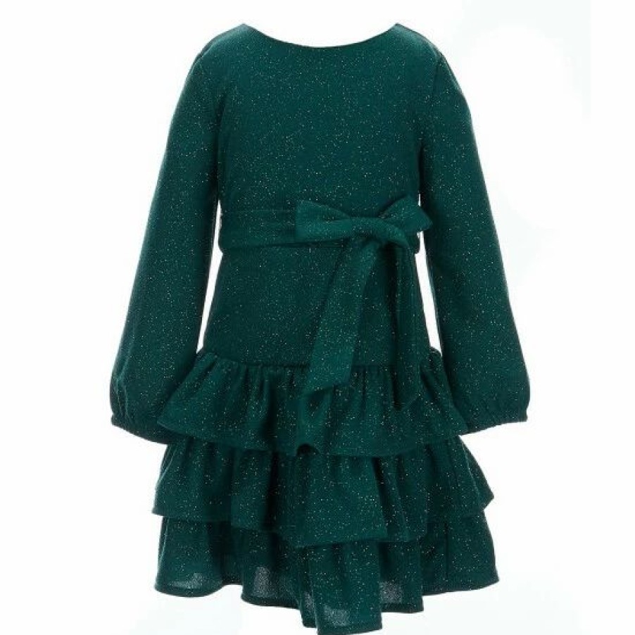 Kids * | Budget Rare Editions Little Girls 2T-6X Long-Sleeve Glitter Knit Tiered Ruffle Skirt Dress Hunter