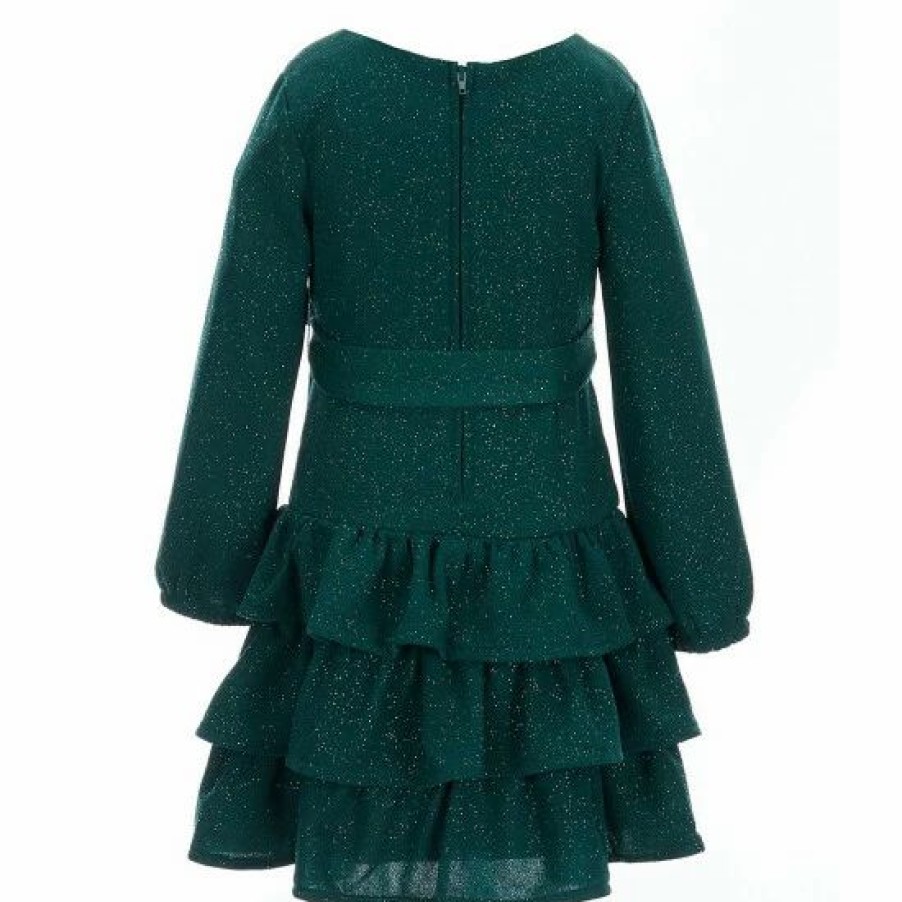 Kids * | Budget Rare Editions Little Girls 2T-6X Long-Sleeve Glitter Knit Tiered Ruffle Skirt Dress Hunter