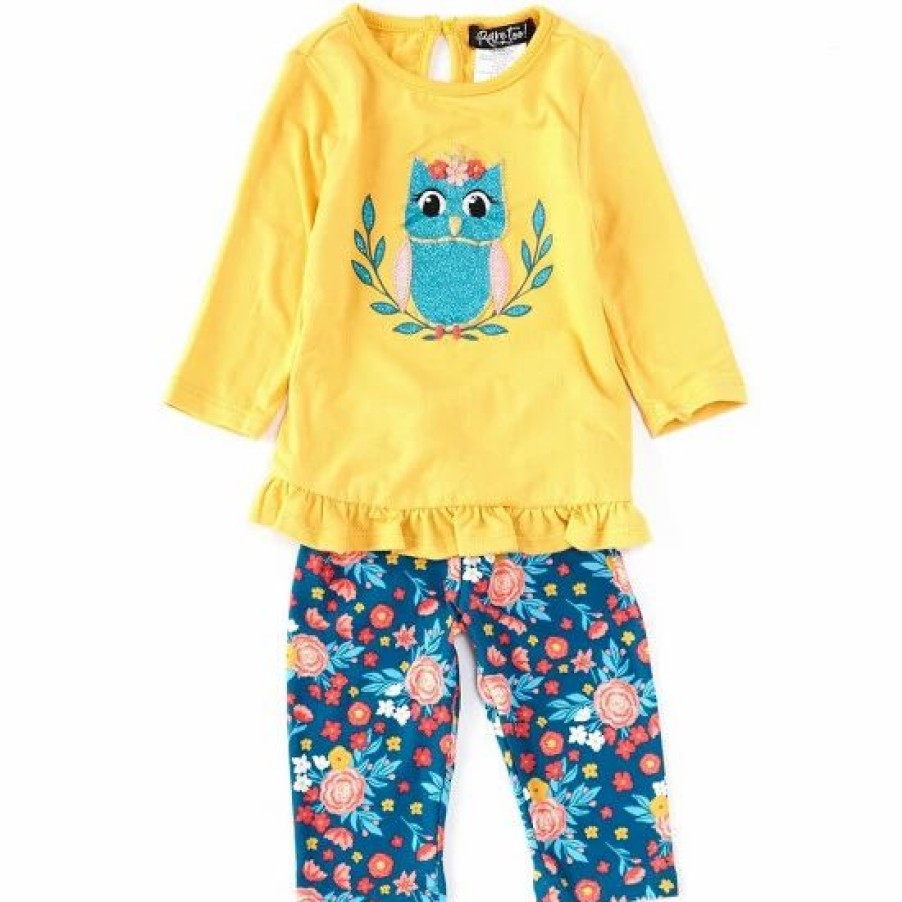 Kids * | Wholesale Rare Editions Baby Girls 3-24 Months Long Sleeve Owl Applique Top & Floral Leggings 2-Piece Set Yellow