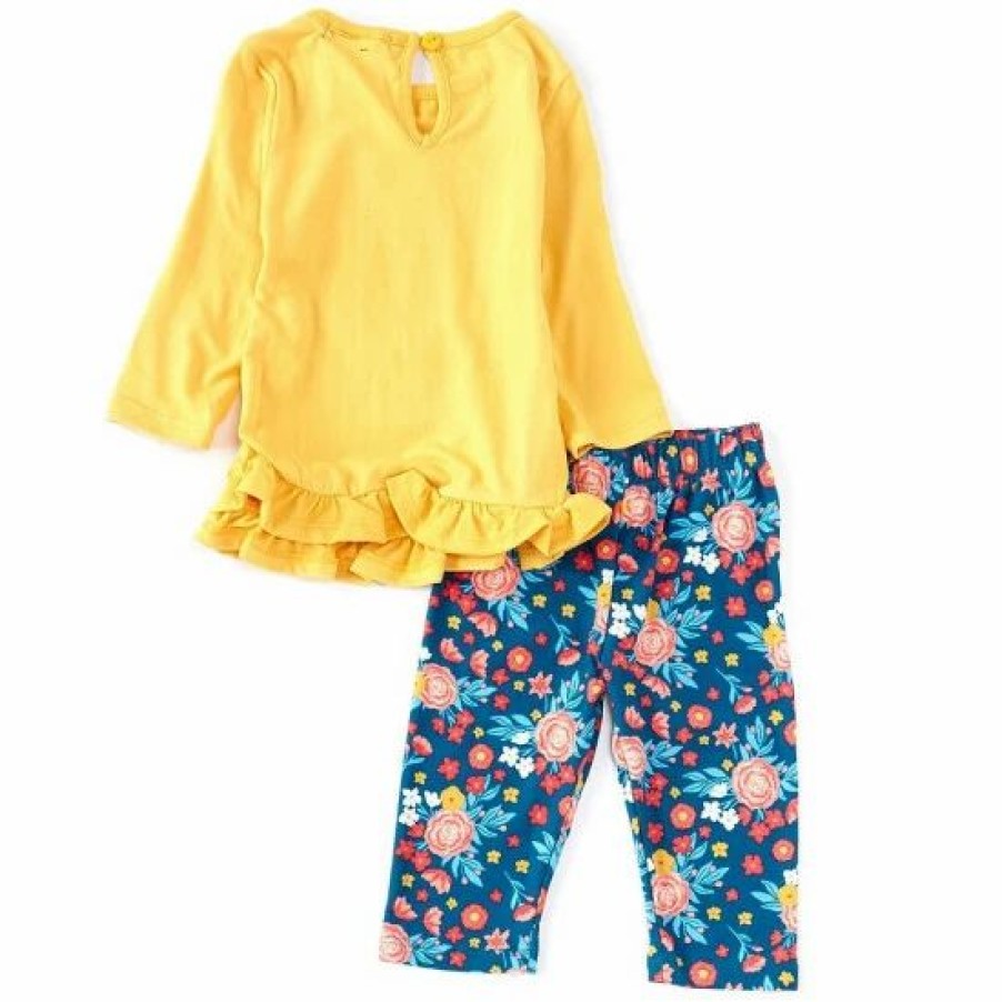 Kids * | Wholesale Rare Editions Baby Girls 3-24 Months Long Sleeve Owl Applique Top & Floral Leggings 2-Piece Set Yellow