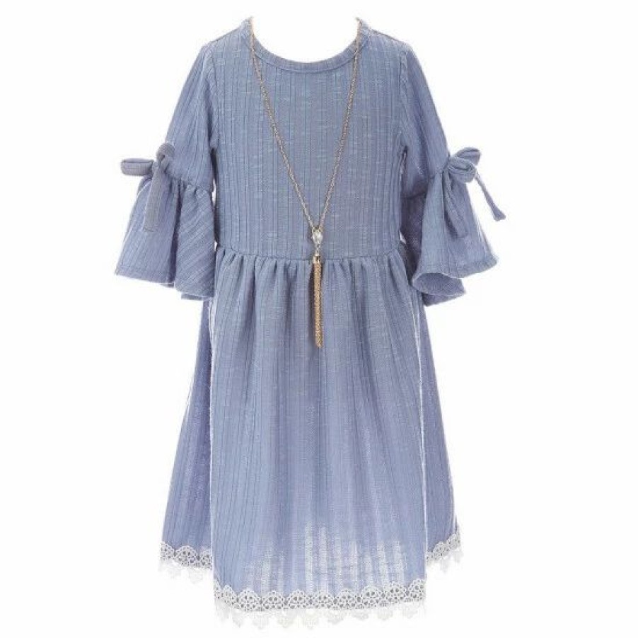 Kids * | Promo Rare Editions Little Girls 4-6X Bell-Sleeve Textured-Rib-Knit Fit-And-Flare Dress & Coordinating Necklace Blue