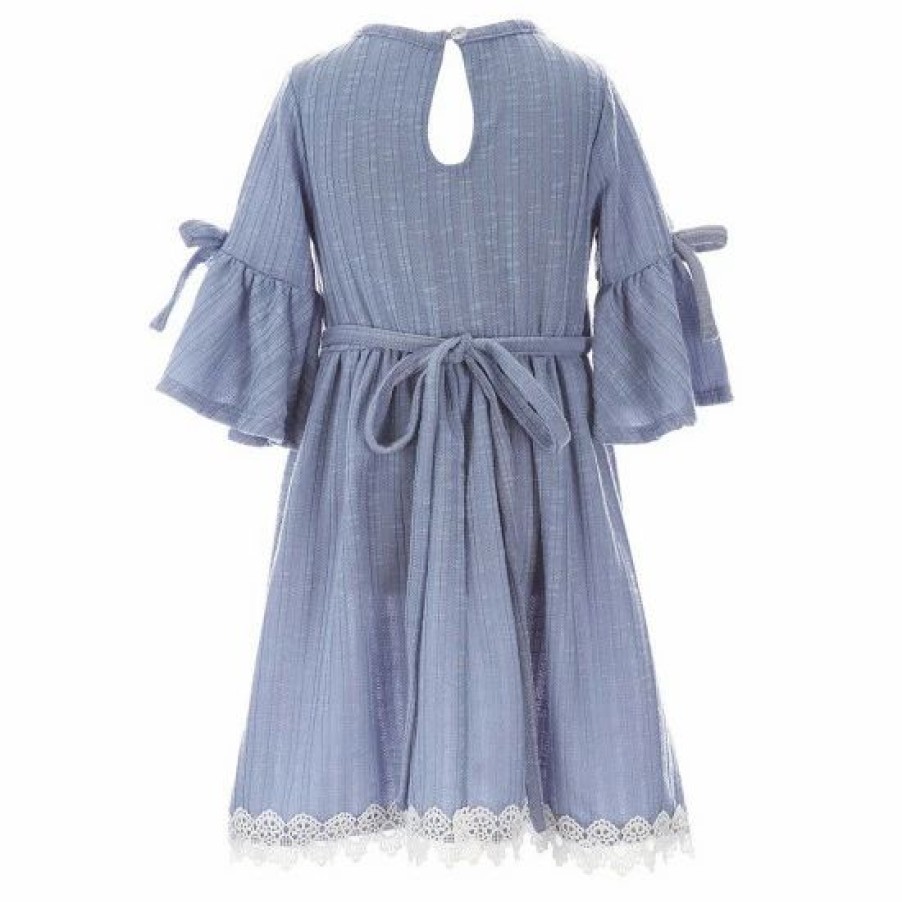 Kids * | Promo Rare Editions Little Girls 4-6X Bell-Sleeve Textured-Rib-Knit Fit-And-Flare Dress & Coordinating Necklace Blue