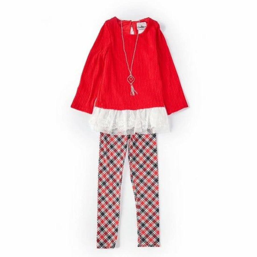 Kids * | Best Sale Rare Editions Big Girls 7-12 Textu Knit Lace Top & Plaid Printed Leggings 2-Piece Set Red