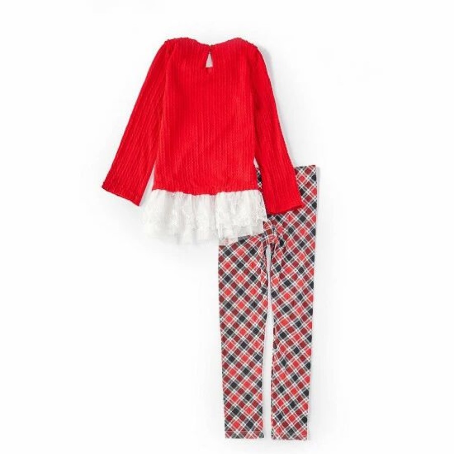 Kids * | Best Sale Rare Editions Big Girls 7-12 Textu Knit Lace Top & Plaid Printed Leggings 2-Piece Set Red