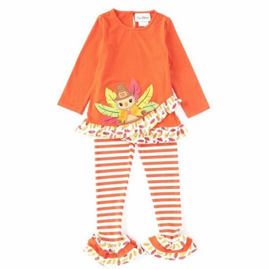 Kids * | Best Deal Rare Editions Little Girls 2T-6X Long-Sleeve Thanksgiving Turkey Applique Tunic Top & Ruffle-Hem Leggings 2-Piece Set Rust