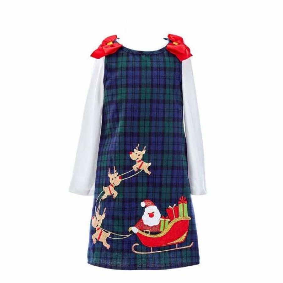 Kids * | Flash Sale Rare Editions Little Girls 2T-6X Long-Sleeve Tee & Santa Claus And Reindeer Plaid Jumper Dress Set Navy/Green