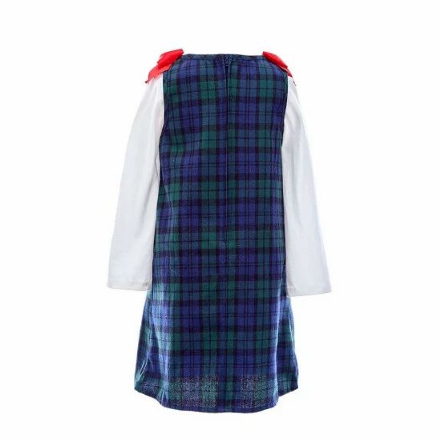 Kids * | Flash Sale Rare Editions Little Girls 2T-6X Long-Sleeve Tee & Santa Claus And Reindeer Plaid Jumper Dress Set Navy/Green