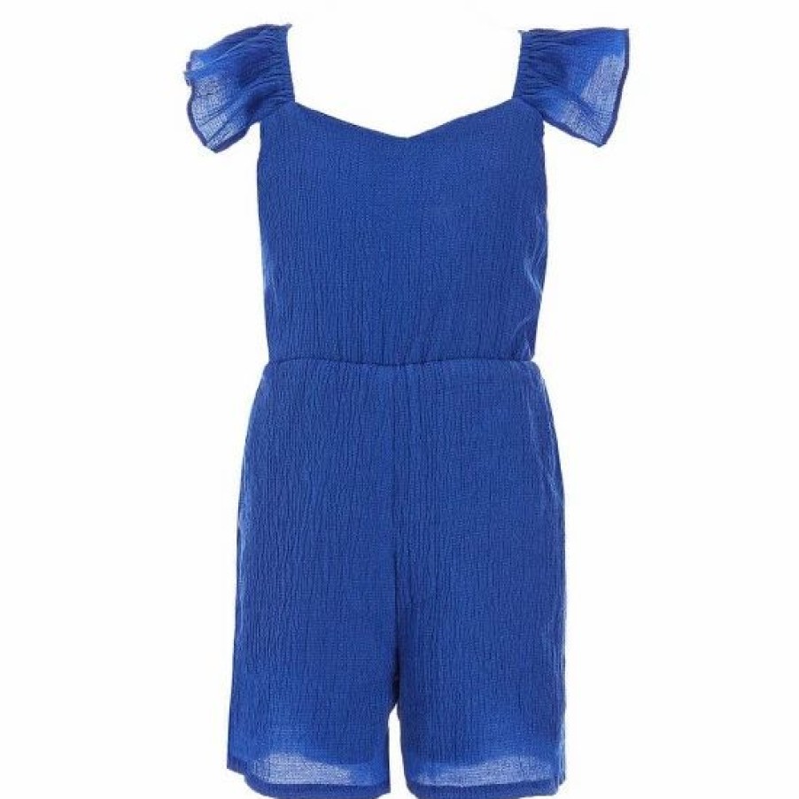 Kids * | Coupon Rare Editions Big Girls 7-16 Flutter-Sleeve Open Tie Back Textured-Gauze Romper Royal