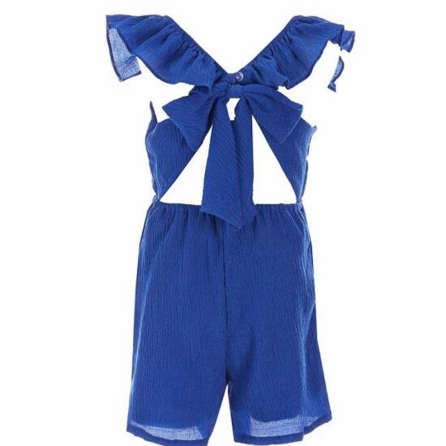 Kids * | Coupon Rare Editions Big Girls 7-16 Flutter-Sleeve Open Tie Back Textured-Gauze Romper Royal