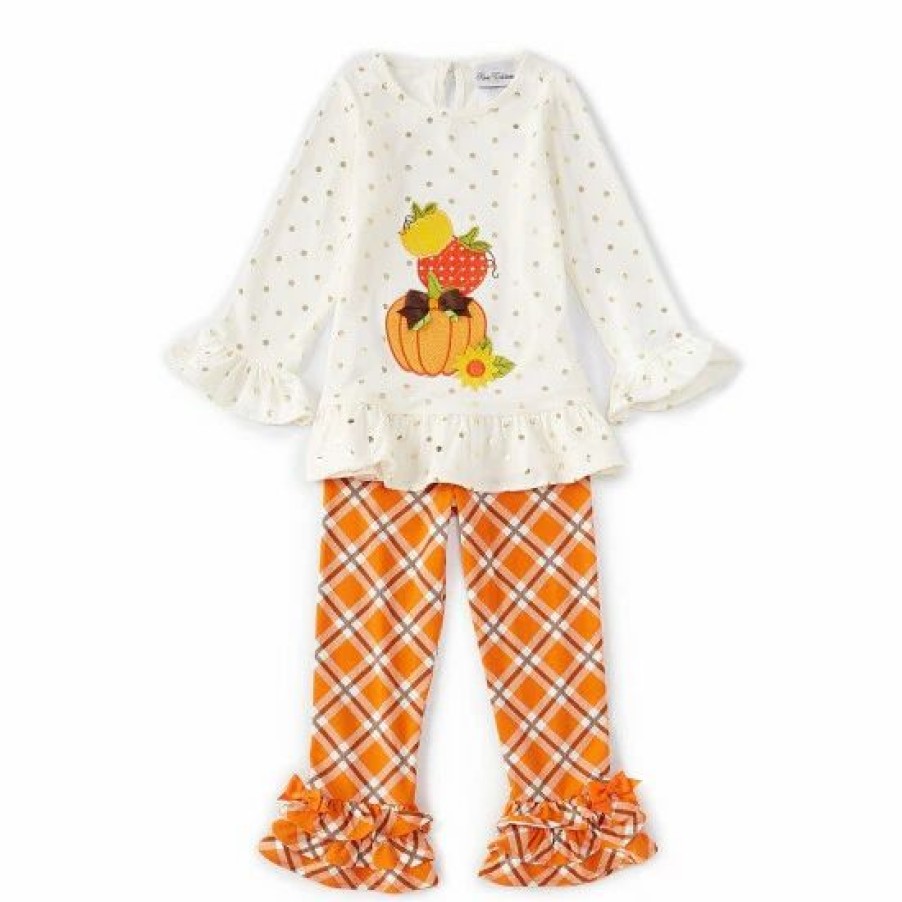 Kids * | Best Sale Rare Editions Little Girls 2T-6X Long-Sleeve Foiled-Dot Pumpkin-Appliqued Top & Plaid Leggings Set Ivory