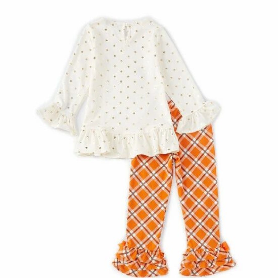 Kids * | Best Sale Rare Editions Little Girls 2T-6X Long-Sleeve Foiled-Dot Pumpkin-Appliqued Top & Plaid Leggings Set Ivory