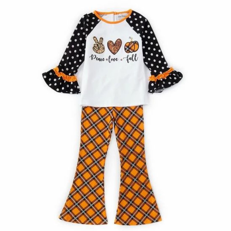 Kids * | Best Reviews Of Rare Editions Little Girls 2T-6X Raglan-Sleeve #Double;Peace Love Fall#Double; Color Block Tee & Plaid Leggings Set White