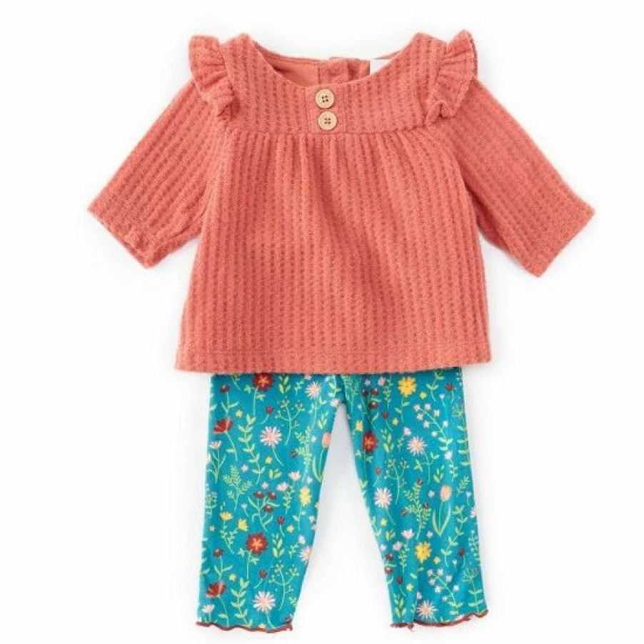 Kids * | Deals Rare Editions Baby Girls 3- 24 Months Thermal Knit Top & Floral Leggings 2-Piece Set Mauve