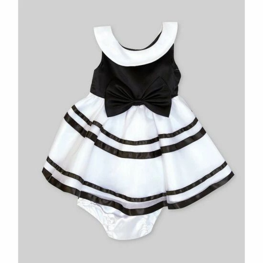 Kids * | Top 10 Rare Editions Baby Girls 3-24 Months Round Neck Bow Front Stripe Dress Black