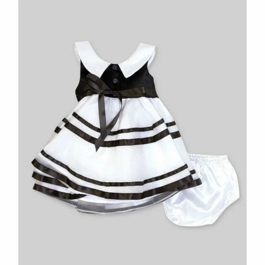 Kids * | Top 10 Rare Editions Baby Girls 3-24 Months Round Neck Bow Front Stripe Dress Black