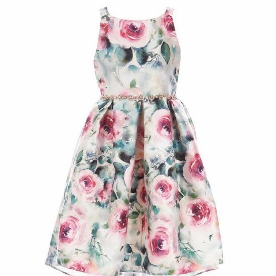 Kids * | Hot Sale Rare Editions Big Girls 7-16 Sleeveless Floral Mikado Pleated High Low Dress Emerald