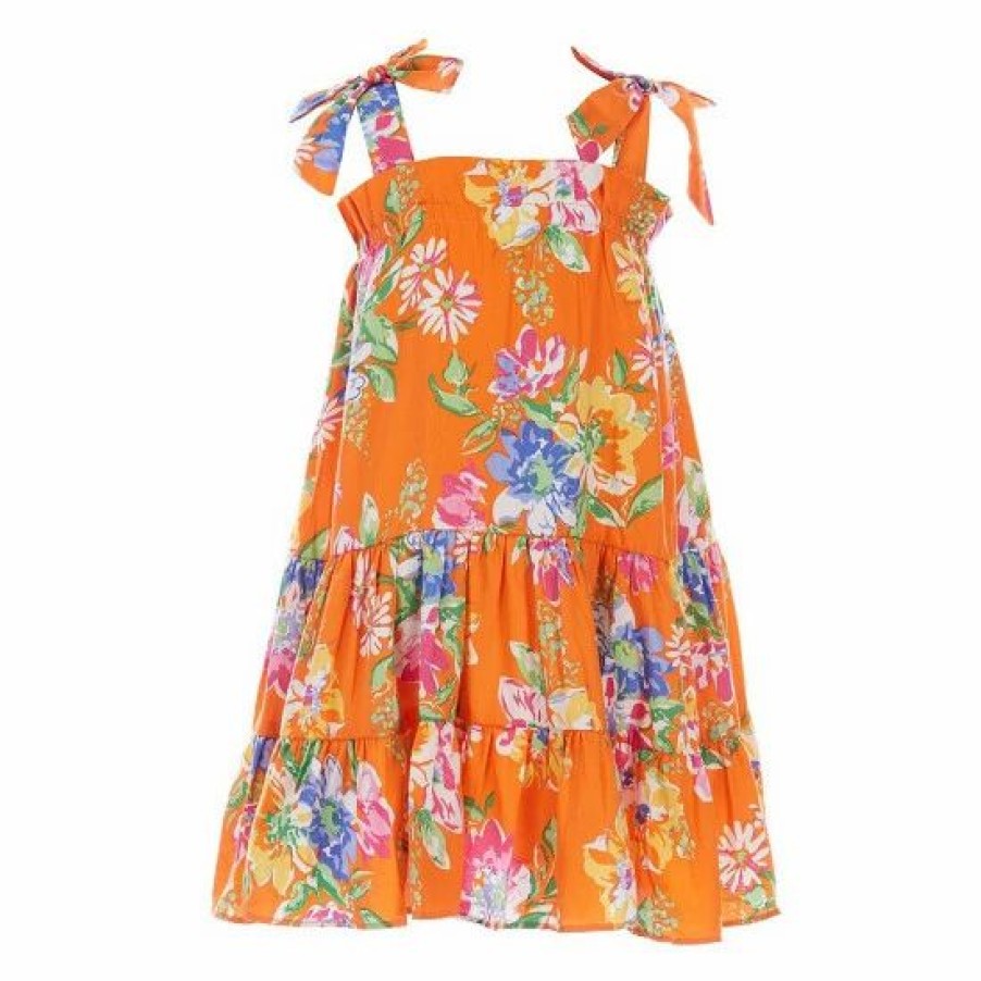 Kids * | Deals Rare Editions Little Girls 2T-6X Sleeveless Tie-Bow Floral Printed Tiered Babydoll Dress Orange